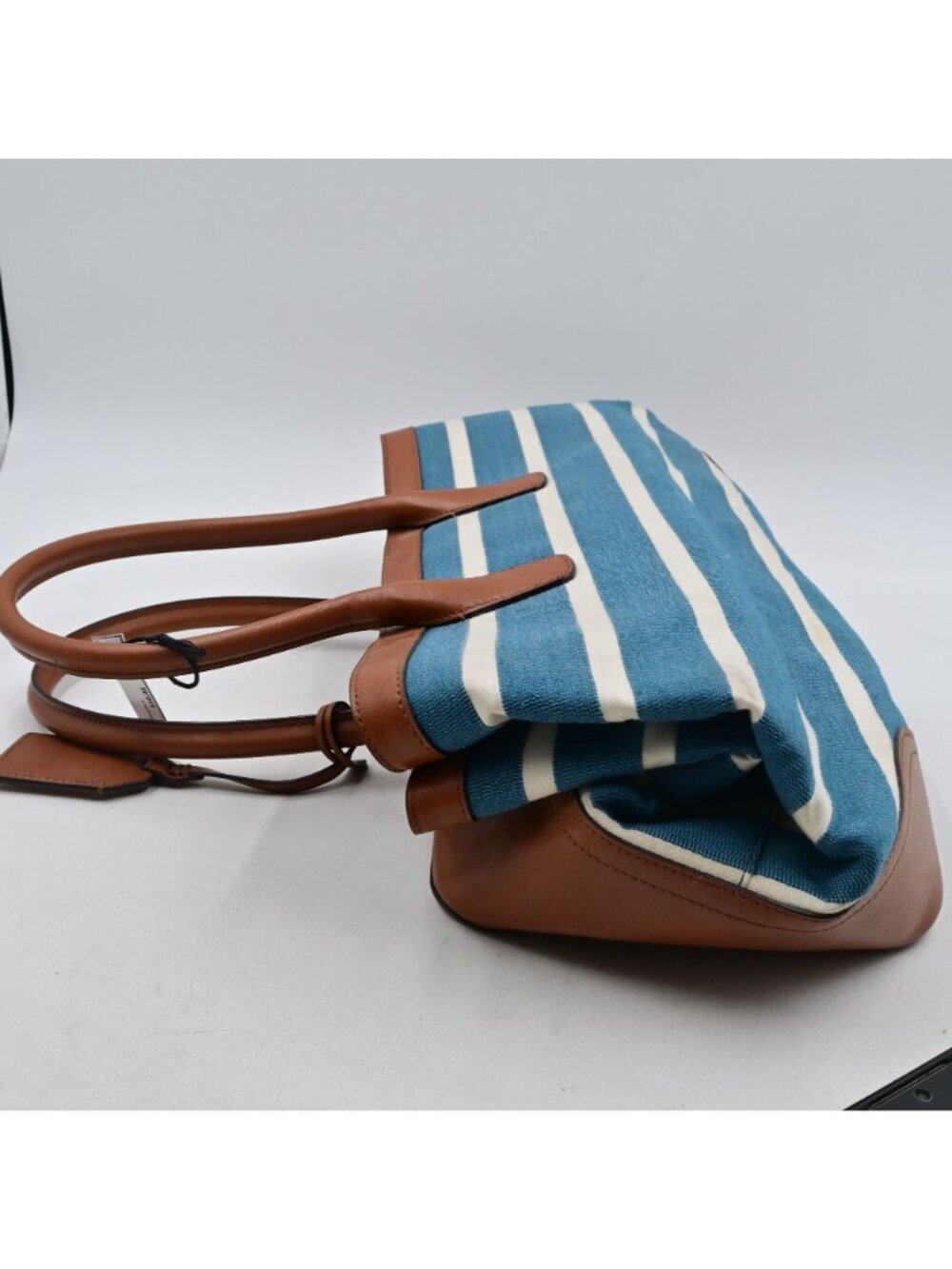 Lauren Ralph Lauren Fairfield City Striped Canvas Tote Bag Tan Leather Trim - Picture 12 of 16
